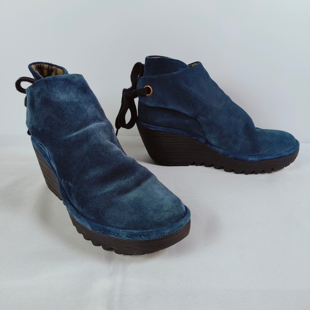 Fly London Yebi Suede Booties Blue Oil Ruched Ankle Tie Wedge Boots Sz 36